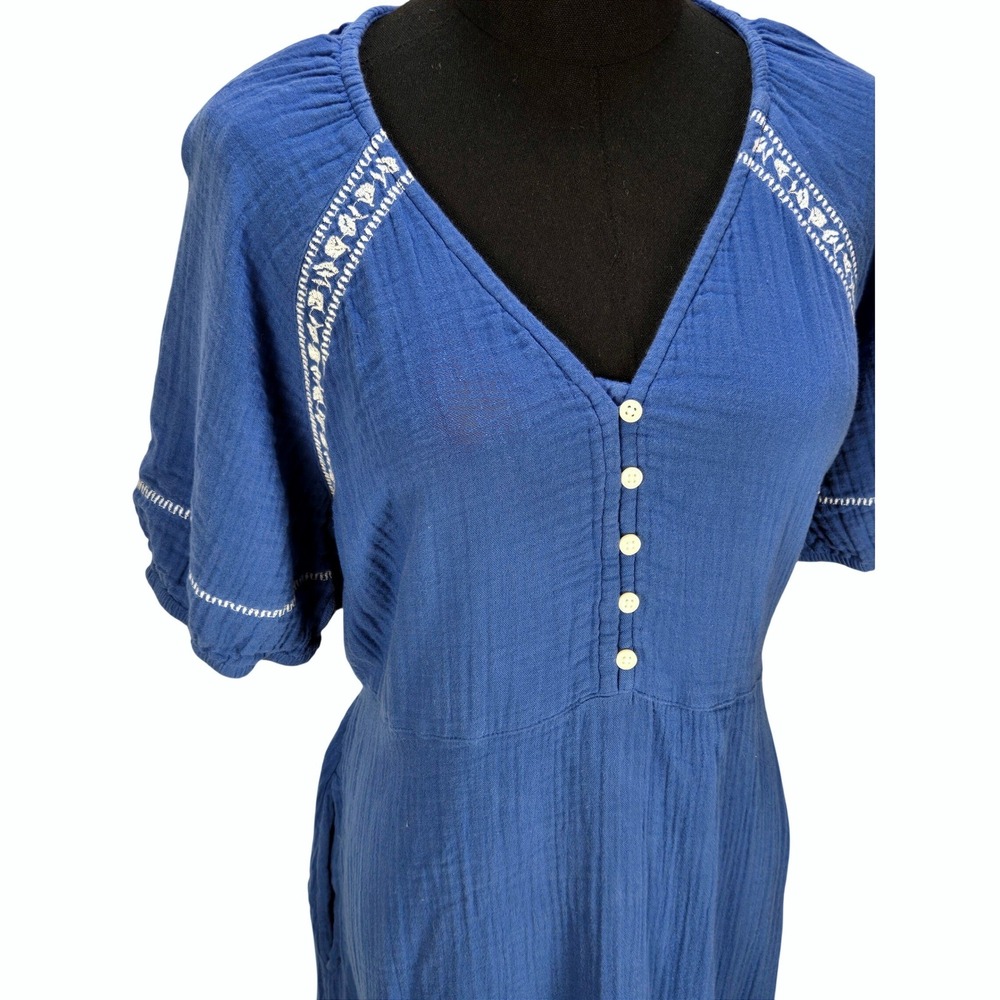 Women's Large Blue Cotton Gauze Embroidered Midi Dress Boho Peasant Old Navy - Picture 2 of 5